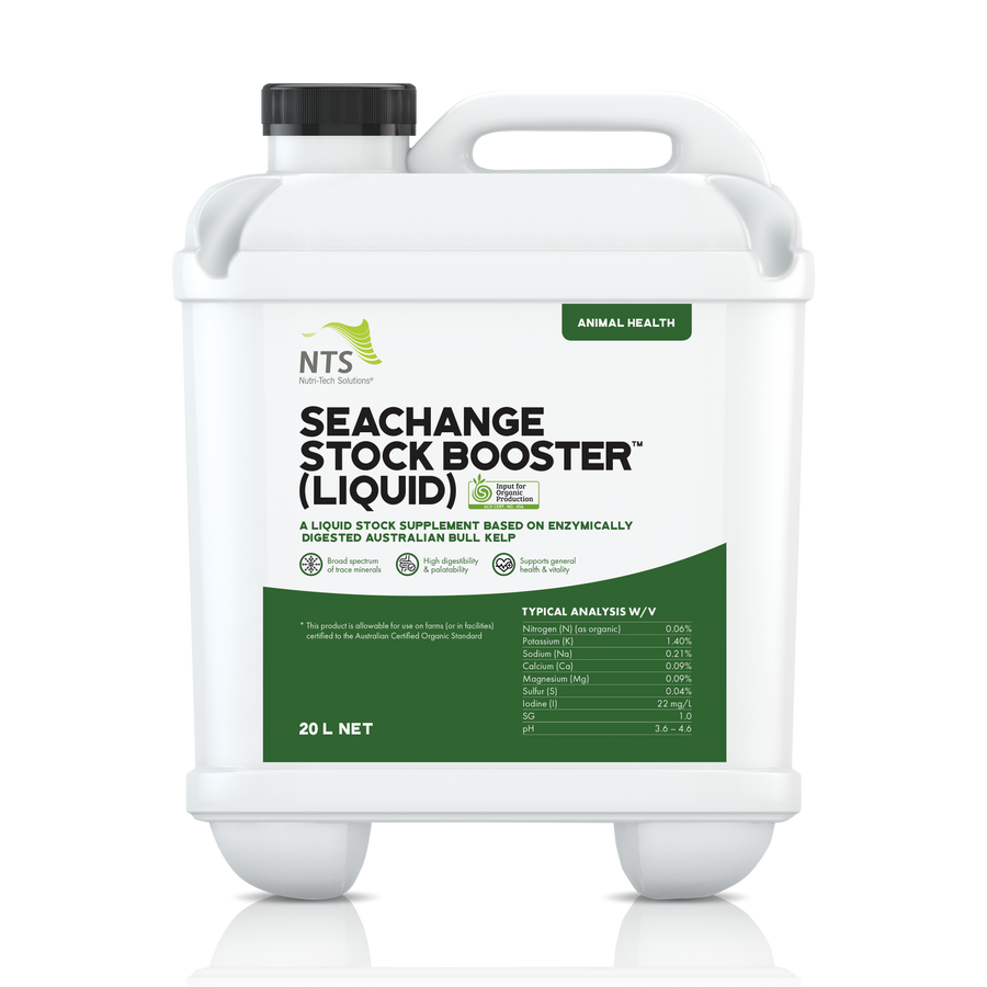 A photograph of NTS SeaChange Stock Booster (Liquid) animal health in 20 L container on transparent background.