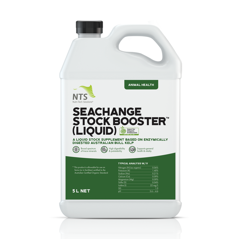 A photograph of NTS SeaChange Stock Booster (Liquid) animal health in 5 L container on transparent background.
