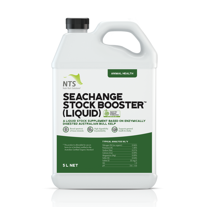 A photograph of NTS SeaChange Stock Booster (Liquid) animal health in 5 L container on transparent background.