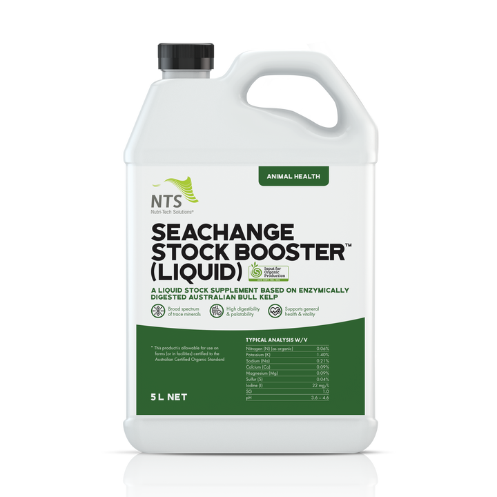  A photograph of NTS SeaChange Stock Booster (Liquid) animal health in 5 L container on transparent background.