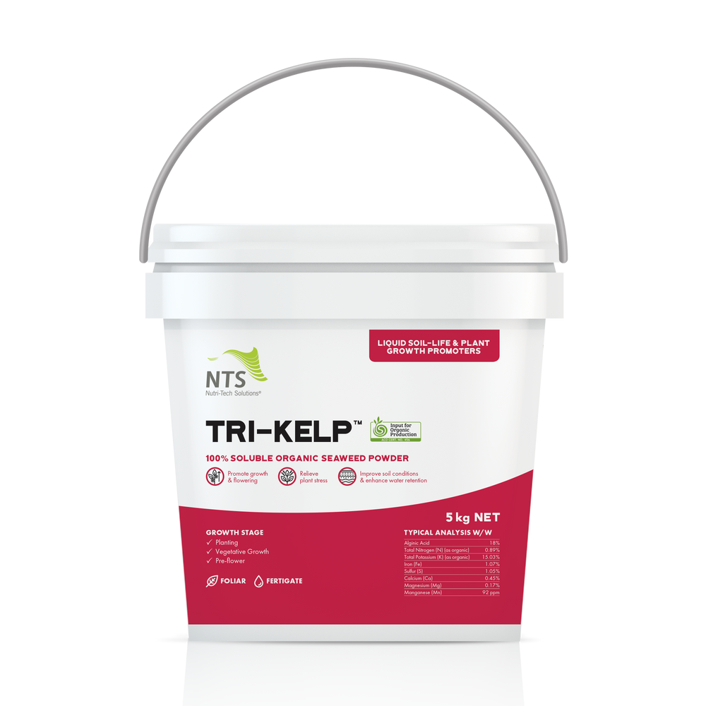 A photograph of NTS Tri-Kelp liquid soil-life and plant growth promoter fertiliser in a 5 kg container on transparent background