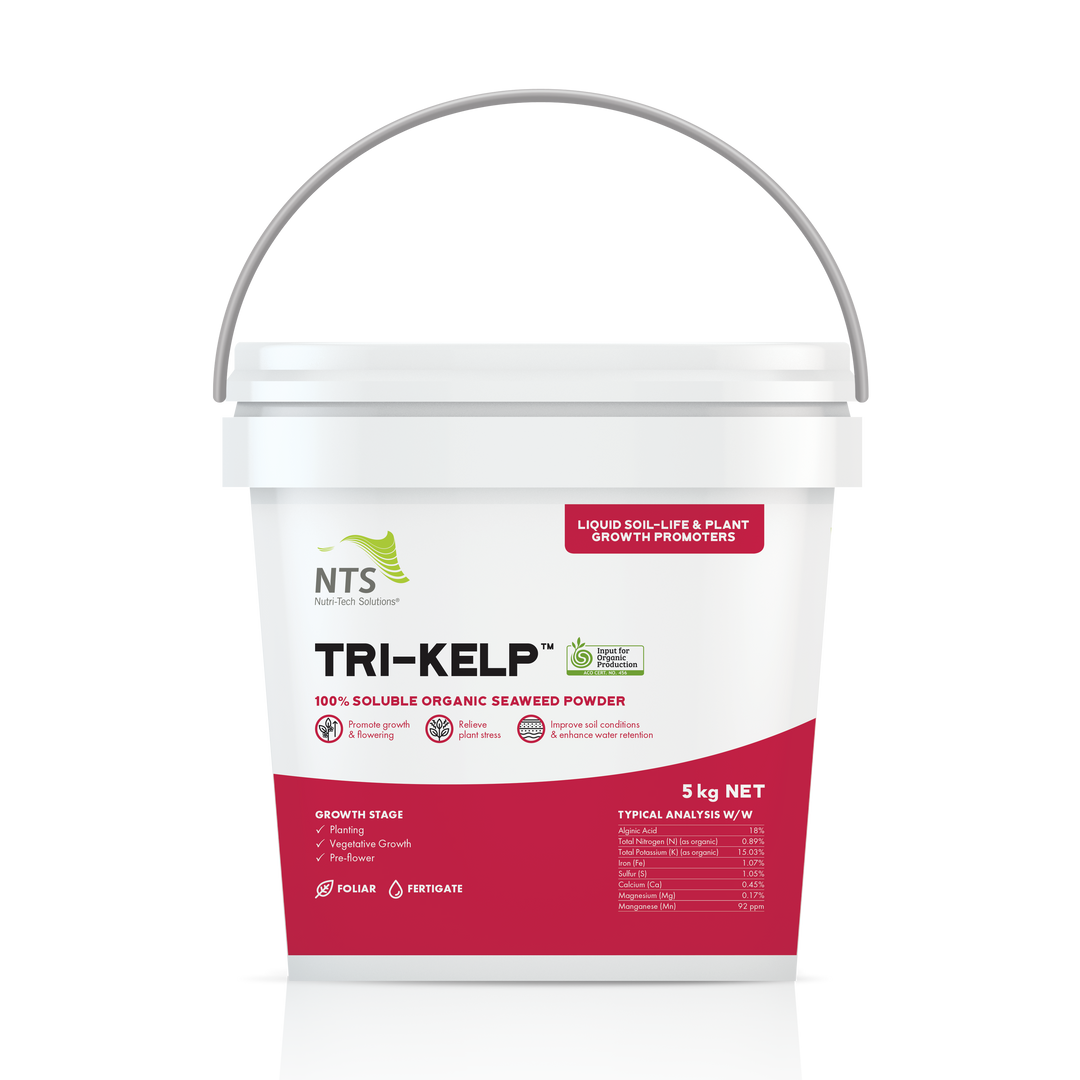 A photograph of NTS Tri-Kelp liquid soil-life and plant growth promoter fertiliser in a 5 kg container on transparent background