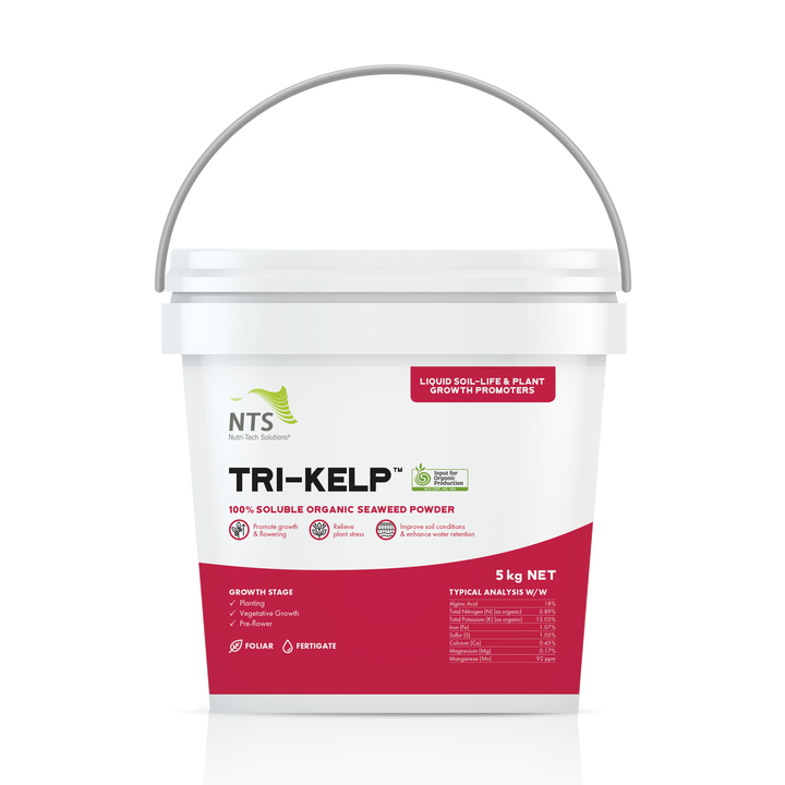 A photograph of NTS Tri-Kelp liquid soil-life and plant growth promoter fertiliser in a 5 kg container on transparent background