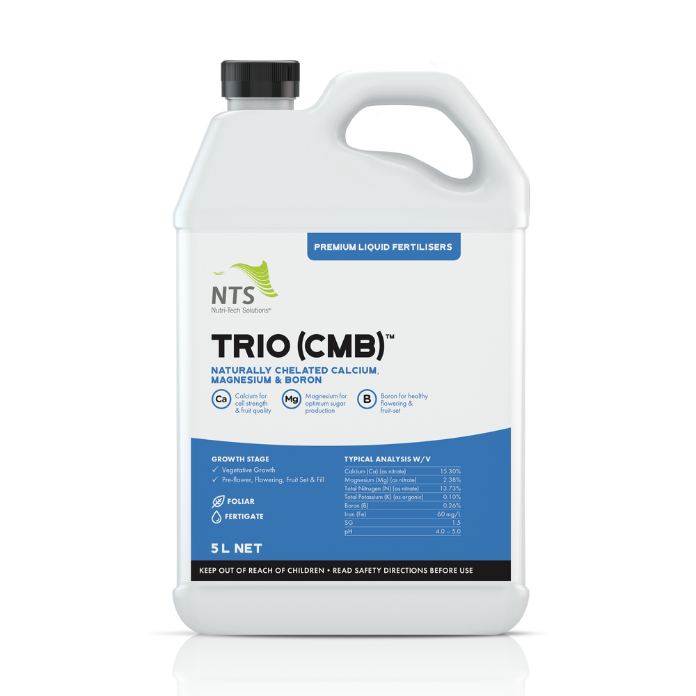 A photograph of NTS Trio (CMB) premium liquid fertiliser in a 5 L container on transparent background