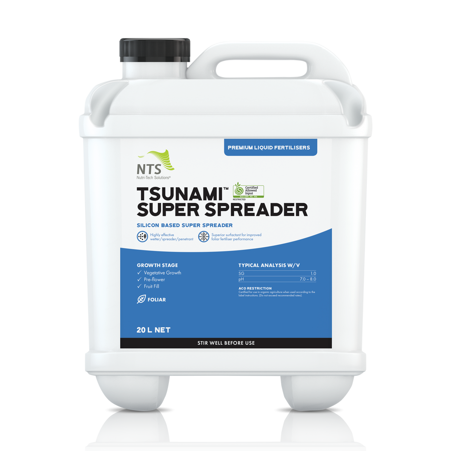 A photograph of NTS Tsunami Super Spreader premium liquid fertiliser in a 20 L container on transparent background