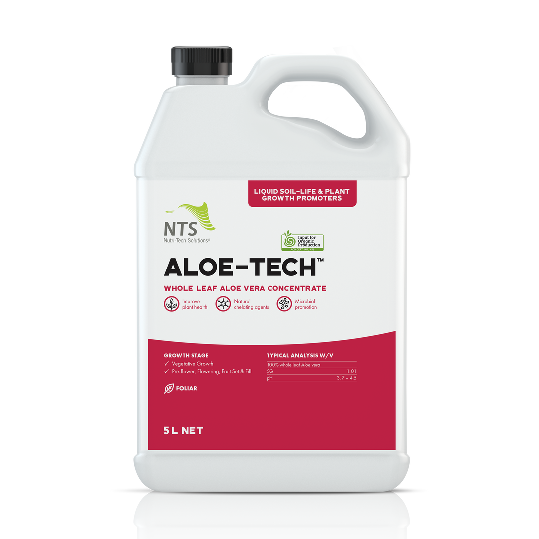 A photograph of NTS Aloe-Tech liquid soil-life and plant growth promoter fertiliser in 5 L container on transparent background.