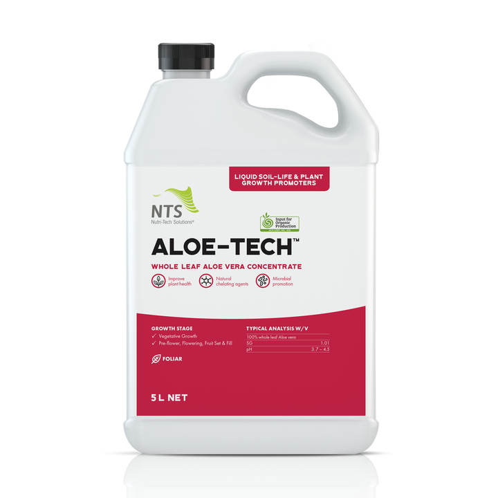 A photograph of NTS Aloe-Tech liquid soil-life and plant growth promoter fertiliser in 5 L container on transparent background.