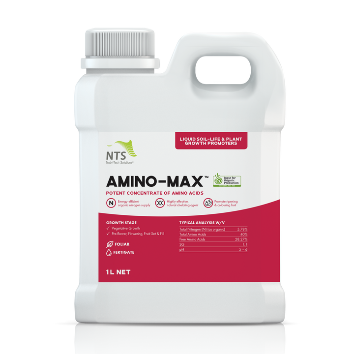 A photograph of NTS Amino-Max liquid soil-life and plant growth promoter fertiliser in 1 L container on transparent background.