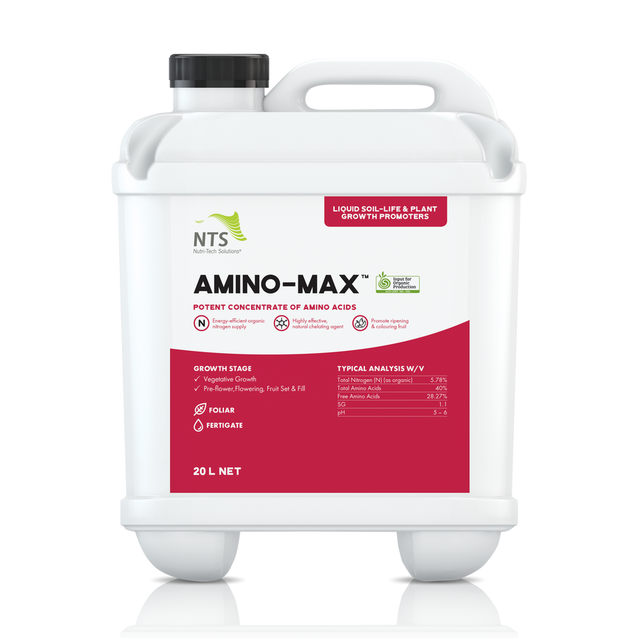 A photograph of NTS Amino-Max liquid soil-life and plant growth promoter fertiliser in 20 L container on transparent background.