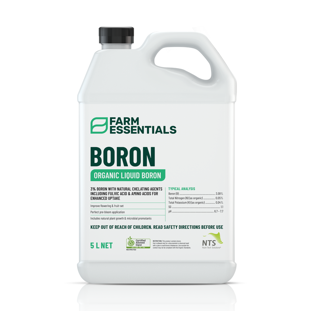 A photograph of NTS Boron Essentials organic liquid fertiliser in a 5 L container on transparent background