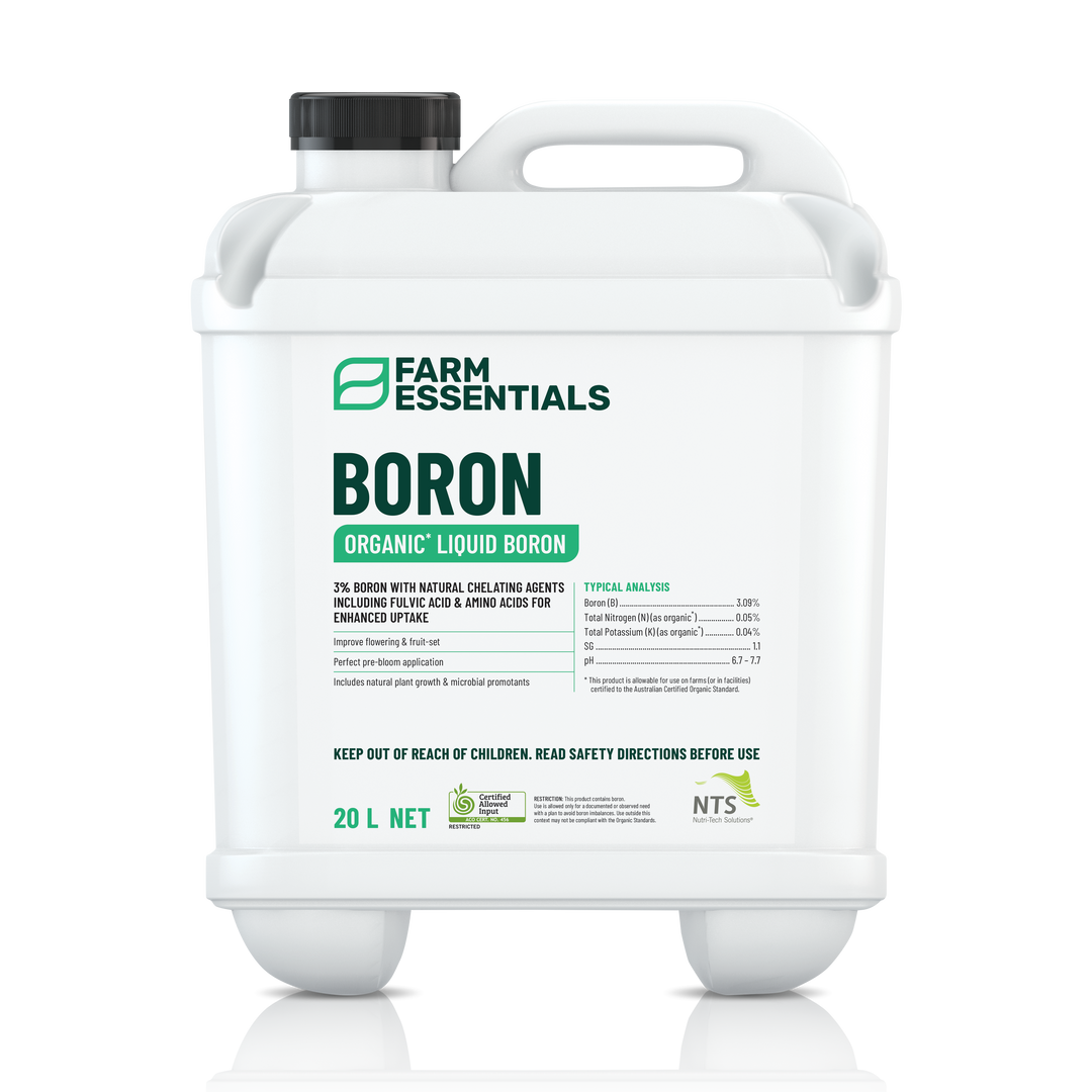 A photograph of NTS Boron Essentials organic liquid fertiliser in a 20 L container on transparent background