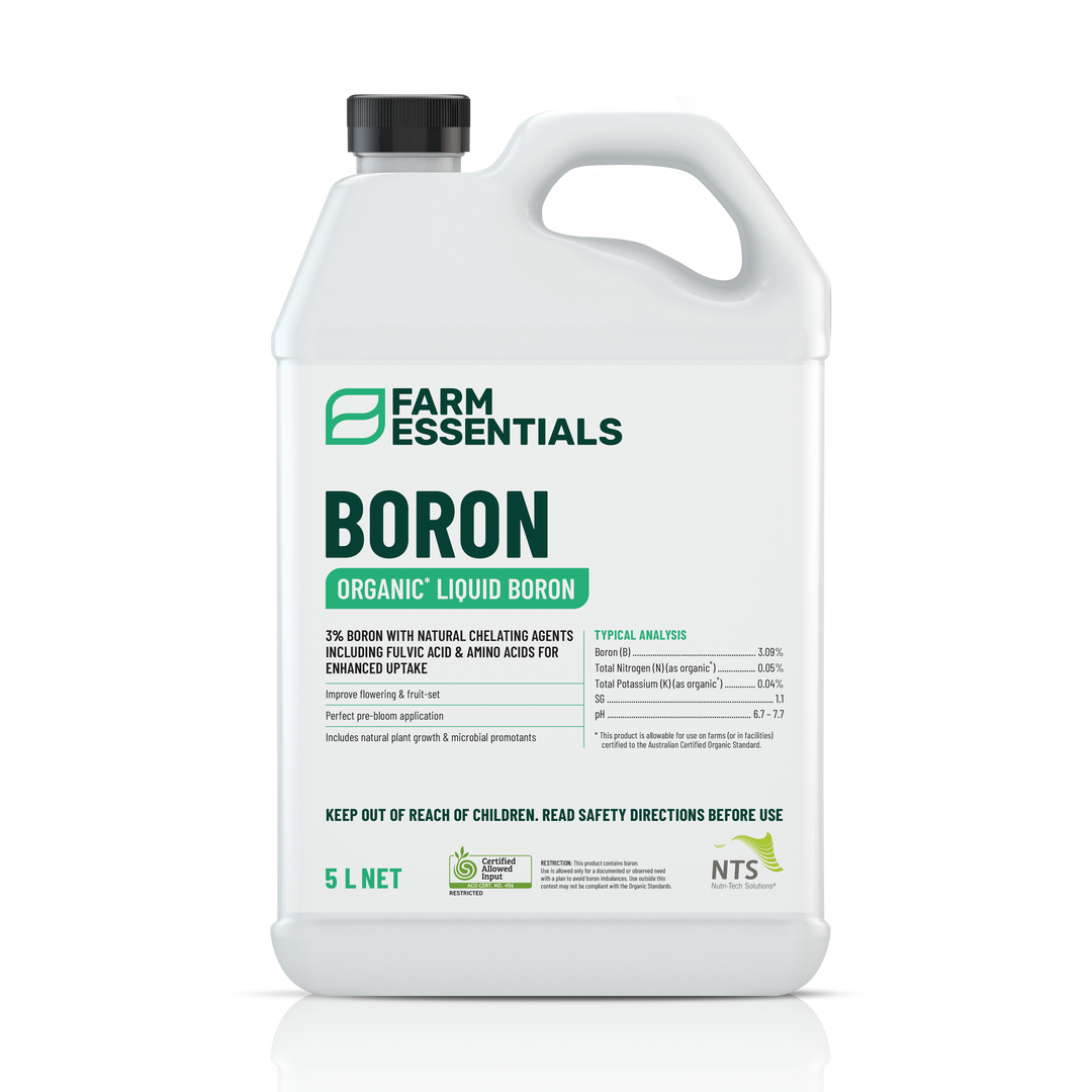 A photograph of NTS Boron Essentials organic liquid fertiliser in a 5 L container on transparent background