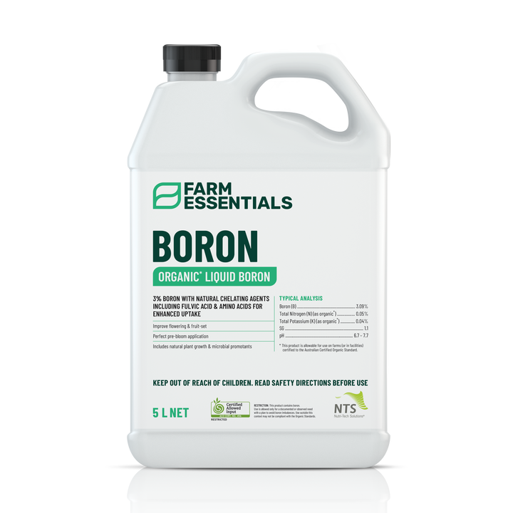 A photograph of NTS Boron Essentials organic liquid fertiliser in a 5 L container on transparent background