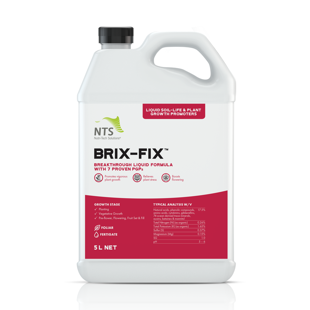 A photograph of NTS Brix-Fix liquid soil-life and plant growth promoter fertiliser in a 5 L container on transparent background