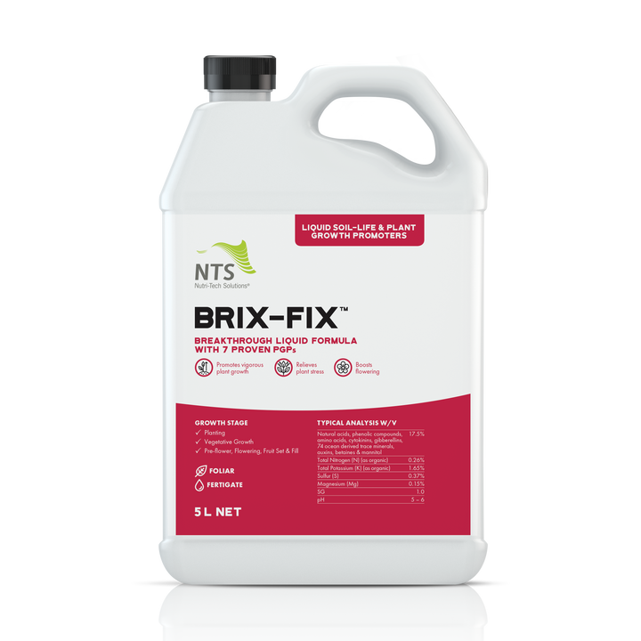 A photograph of NTS Brix-Fix liquid soil-life and plant growth promoter fertiliser in a 5 L container on transparent background