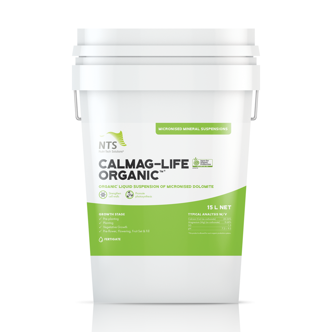 A photograph of NTS CalMag-Life Organic MMS micronised mineral suspension fertiliser in a 15 L container on transparent background