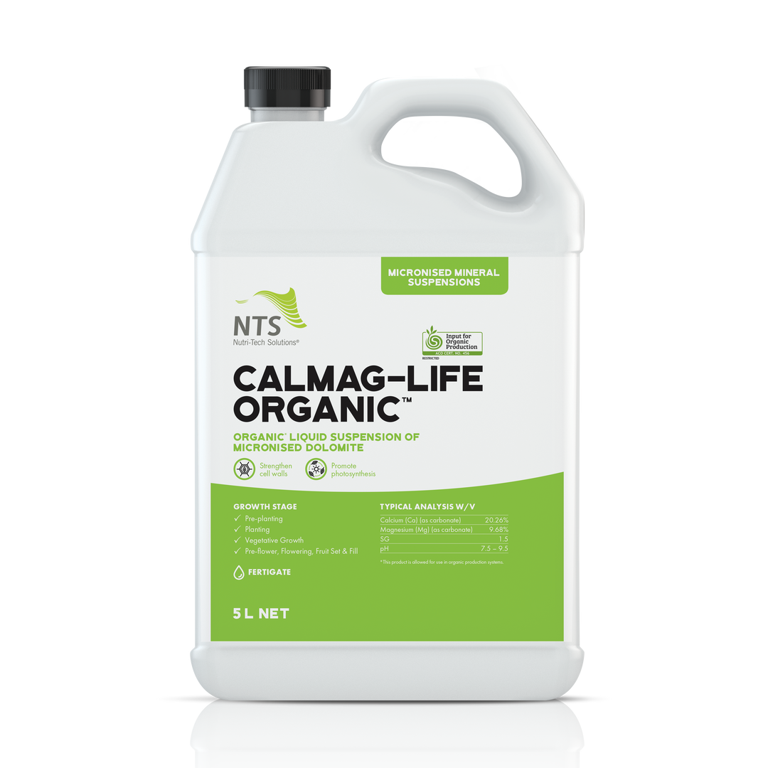 A photograph of NTS CalMag-Life Organic MMS micronised mineral suspension fertiliser in a 5 L container on transparent background