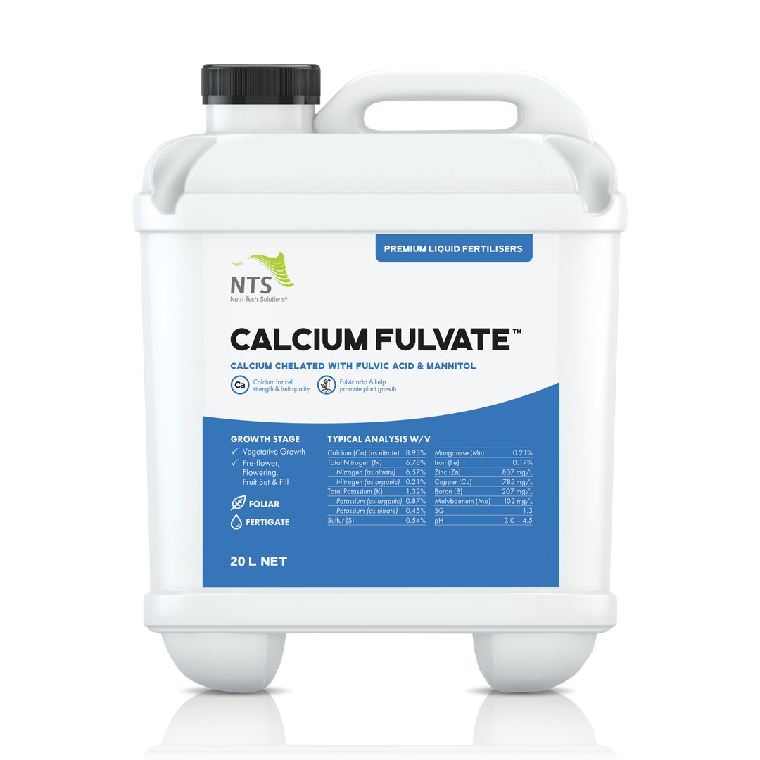A photograph of NTS Calcium Fulvate premium liquid fertiliser in a 20 L container on transparent background