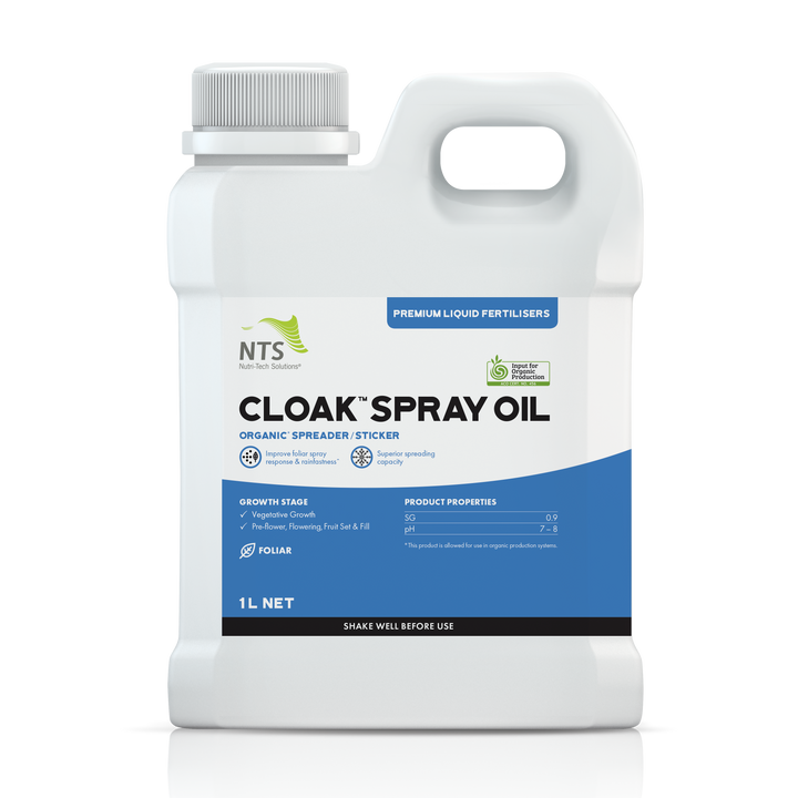 A photograph of NTS Cloak Spray Oil premium liquid fertiliser in a 1 L container on transparent background
