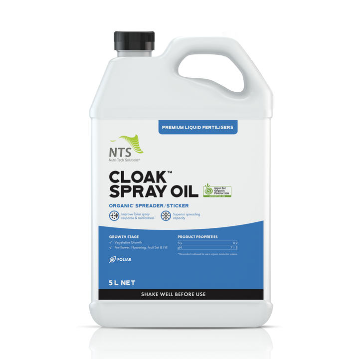 A photograph of NTS Cloak Spray Oil premium liquid fertiliser in a 5 L container on transparent background
