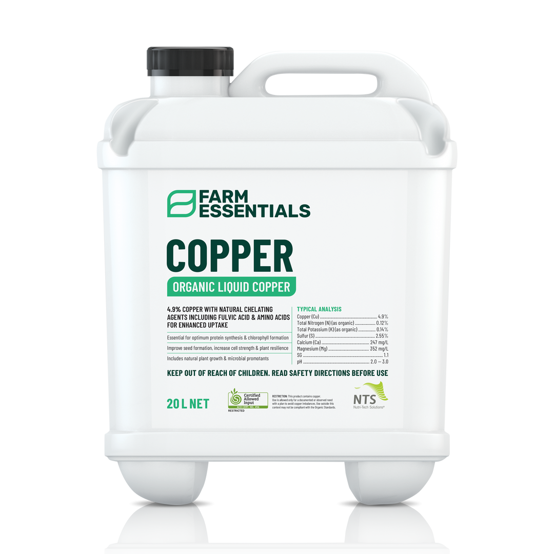 A photograph of NTS Copper Essentials organic liquid copper fertiliser in a 20 L container on transparent background
