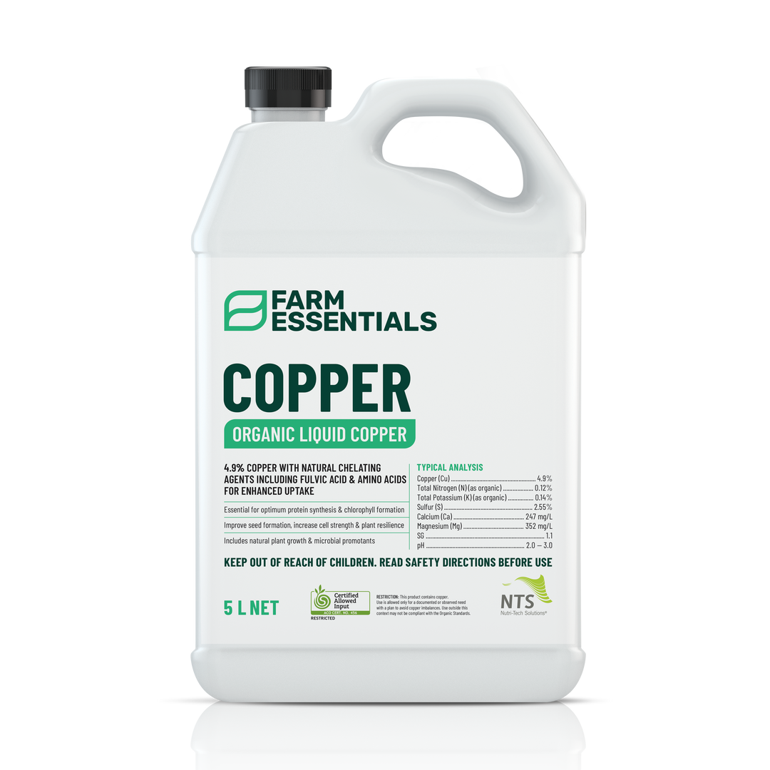 A photograph of NTS Copper Essentials organic liquid copper fertiliser in a 5 L container on transparent background