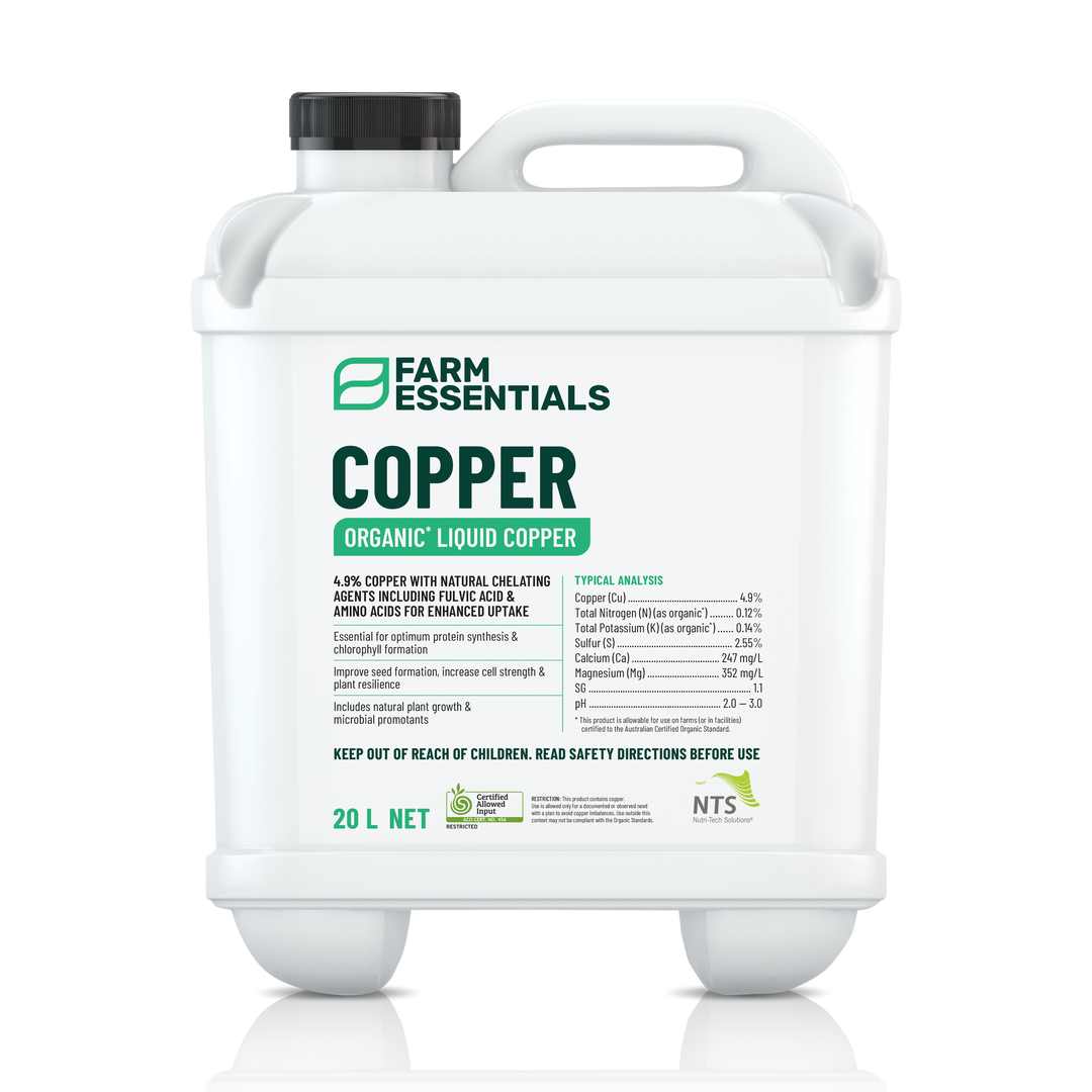 A photograph of NTS Copper Essentials organic liquid copper fertiliser in a 20 L container on transparent background