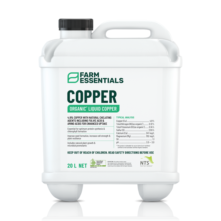 A photograph of NTS Copper Essentials organic liquid copper fertiliser in a 20 L container on transparent background