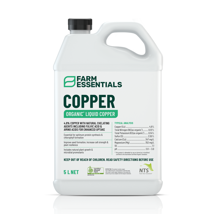 A photograph of NTS Copper Essentials organic liquid copper fertiliser in a 5 L container on transparent background