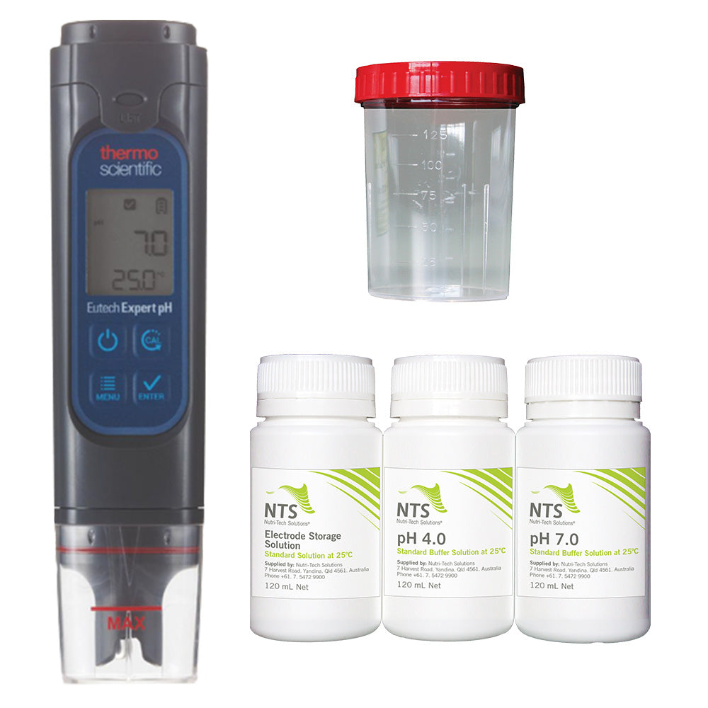 A composite photograph of the NTS Expert pH Meter Kit with 5 items: Expert pH Meter, Electrode Storage Solution 120 mL, pH 4.0 Buffer Solution 120 mL, pH 7.0 Buffer Solution 120 mL, and a transparent Soil Testing Jar graduated for measurement
