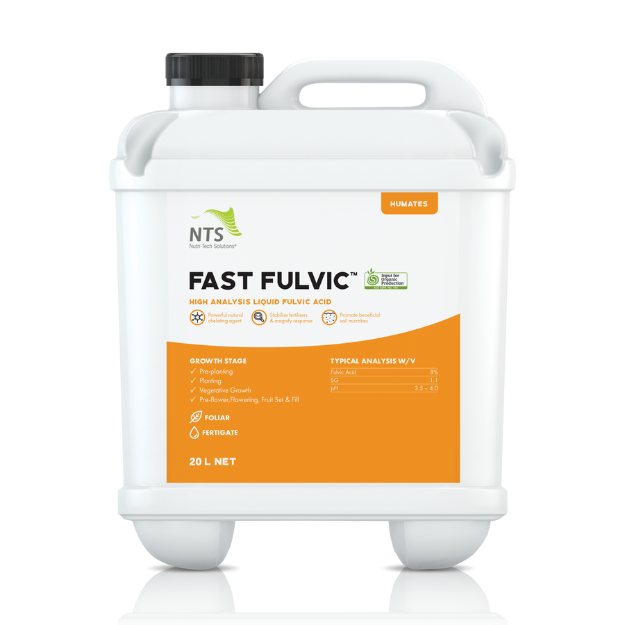 A photograph of NTS Fast Fulvic liquid humate fertiliser in a 20 L container on transparent background