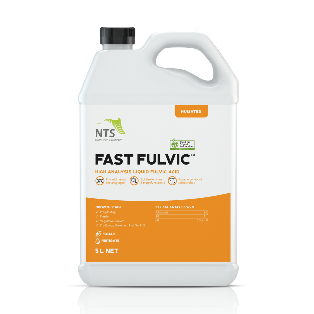 A photograph of NTS Fast Fulvic liquid humate fertiliser in a 5 L container on transparent background