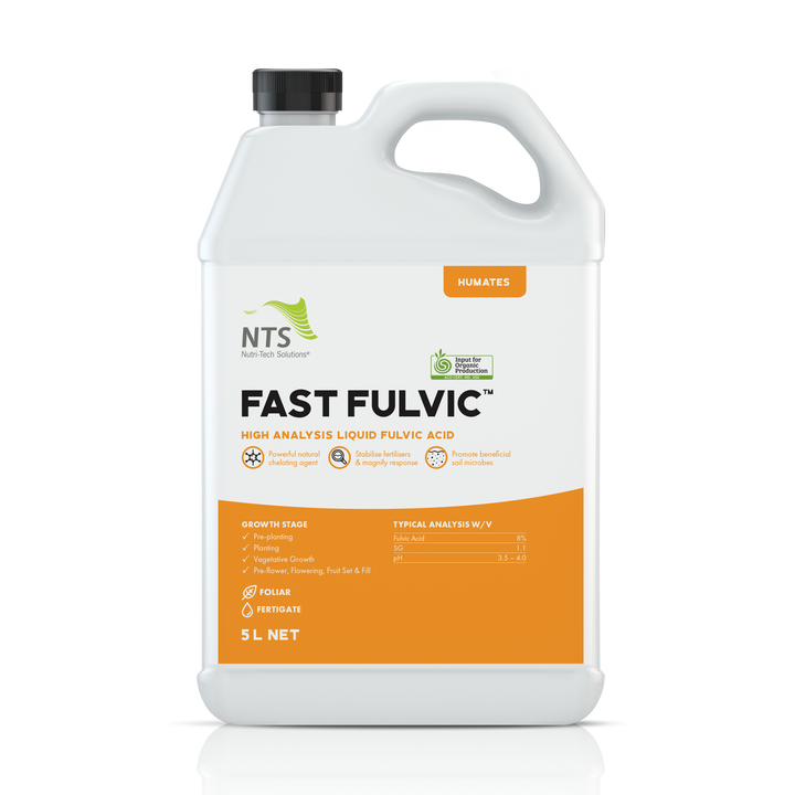 A photograph of NTS Fast Fulvic liquid humate fertiliser in a 5 L container on transparent background