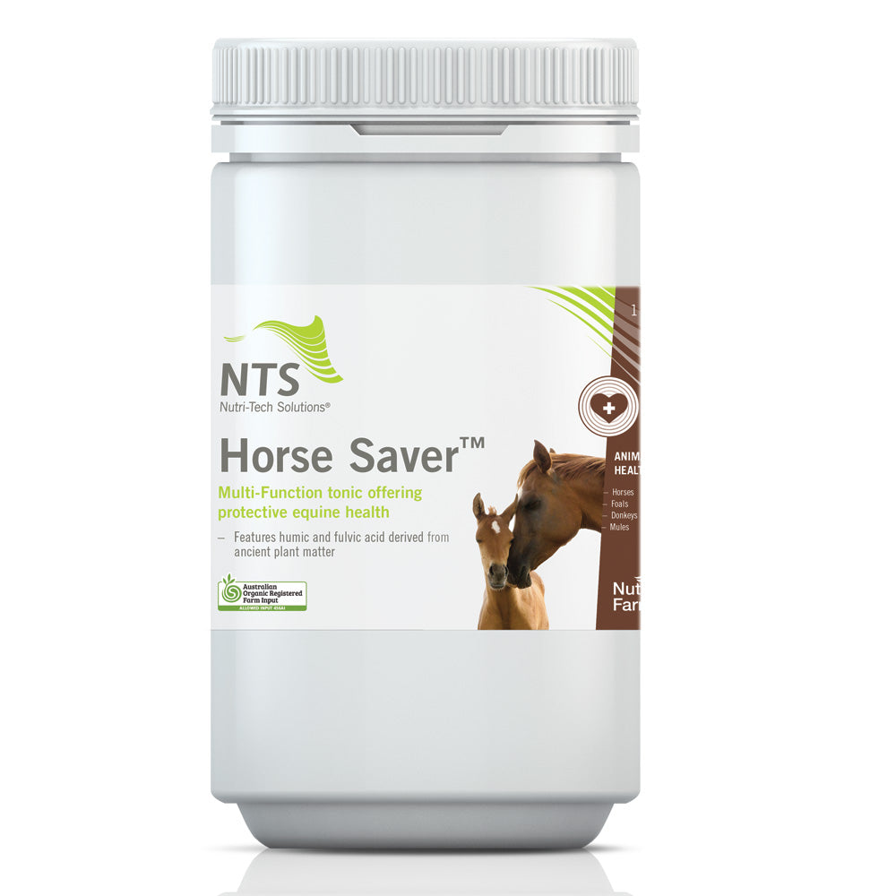 A photograph of NTS Horse Saver animal health tonic in a 1 kg container on white background