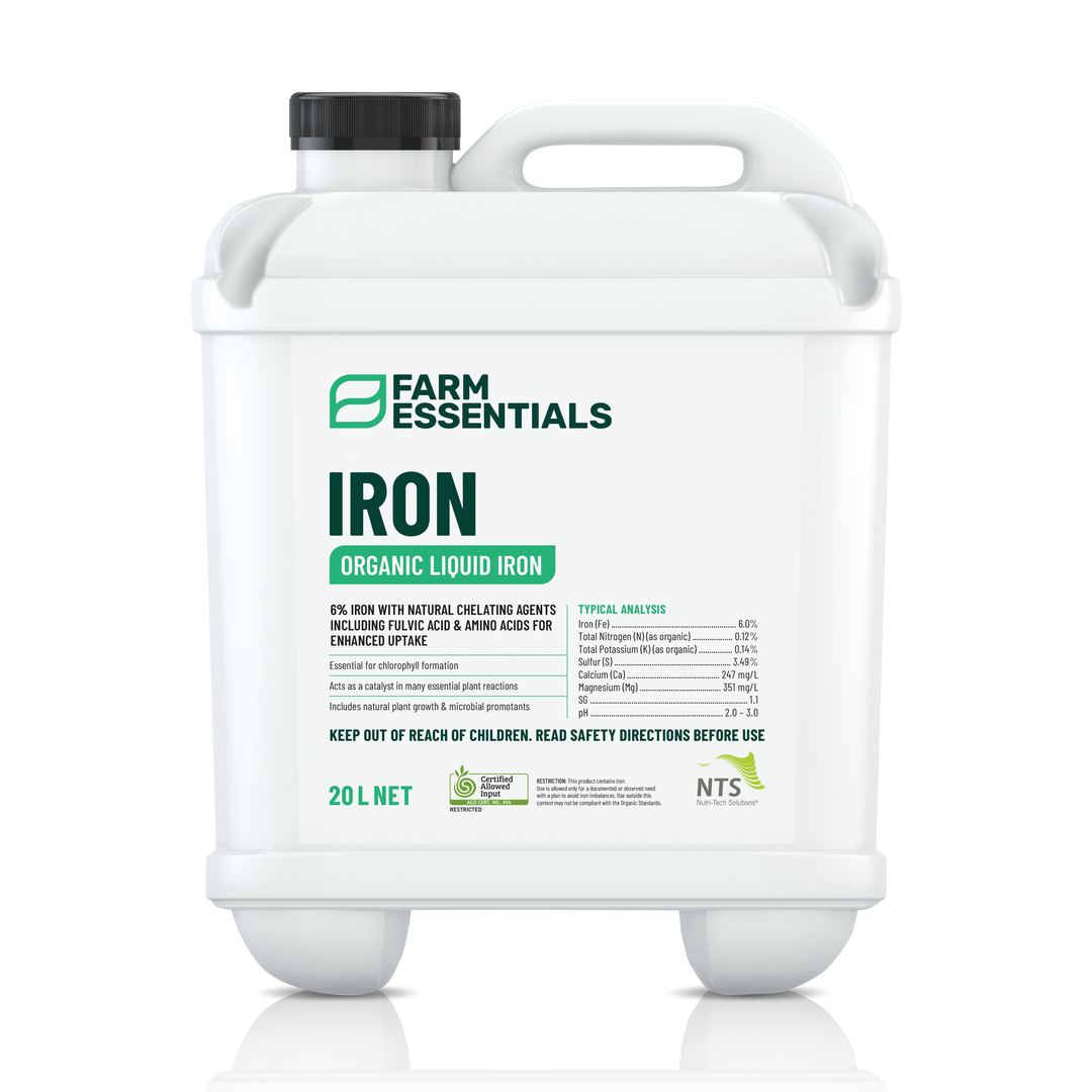 A photograph of NTS Iron Essentials organic liquid iron fertiliser in a 20 L container on transparent background