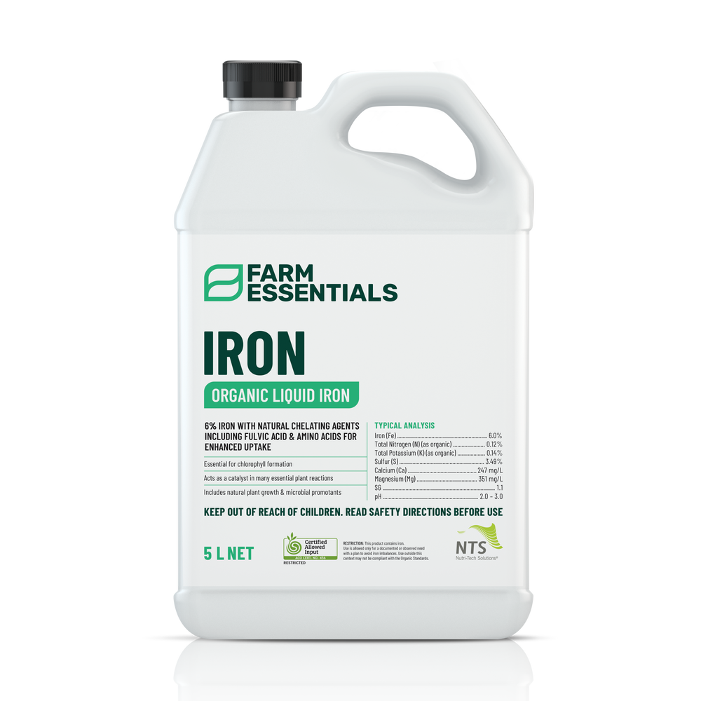 A photograph of NTS Iron Essentials organic liquid iron fertiliser in a 5 L container on transparent background