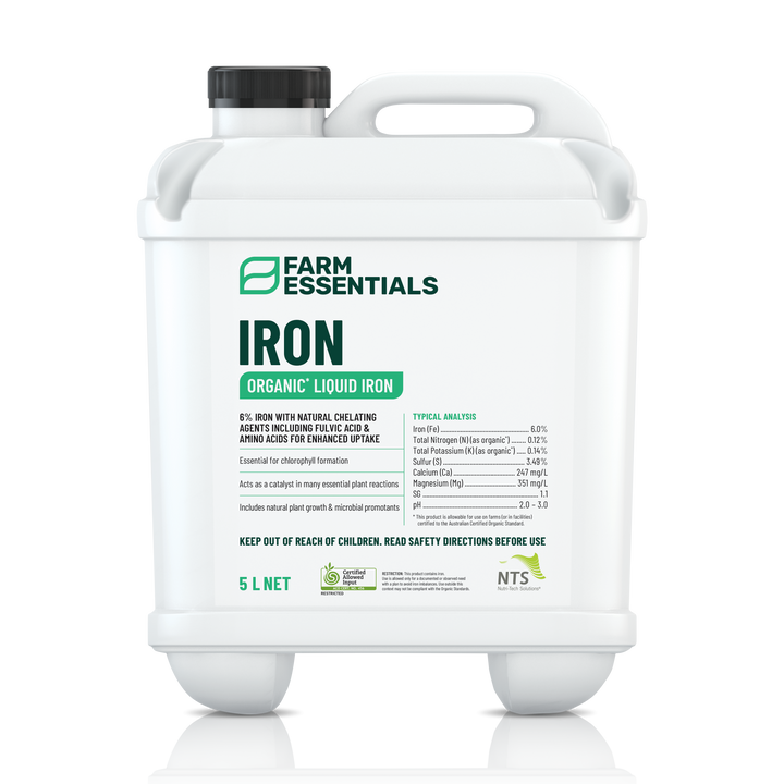 A photograph of NTS Iron Essentials organic liquid iron fertiliser in a 20 L container on transparent background