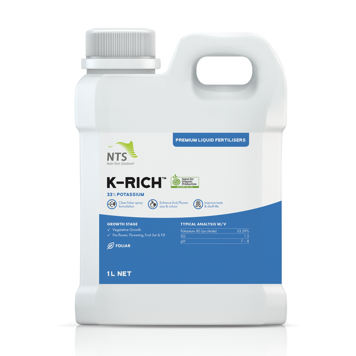 A photograph of NTS K-Rich premium liquid fertiliser in a 1 L container on transparent background
