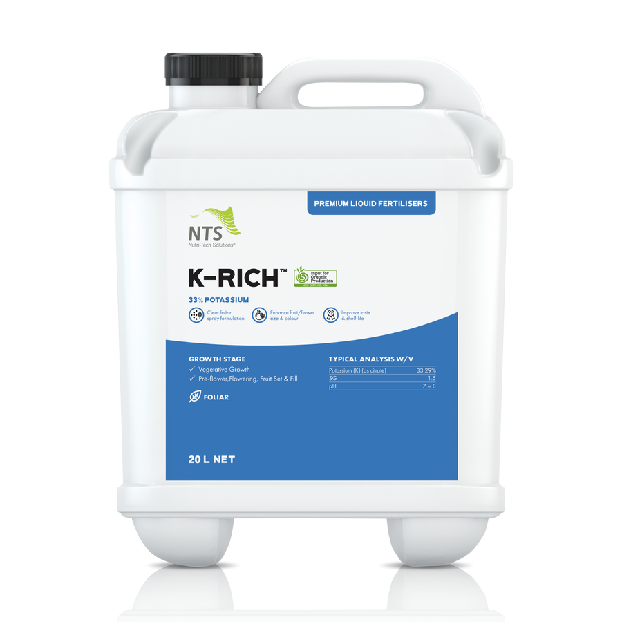 A photograph of NTS K-Rich premium liquid fertiliser in a 20 L container on transparent background