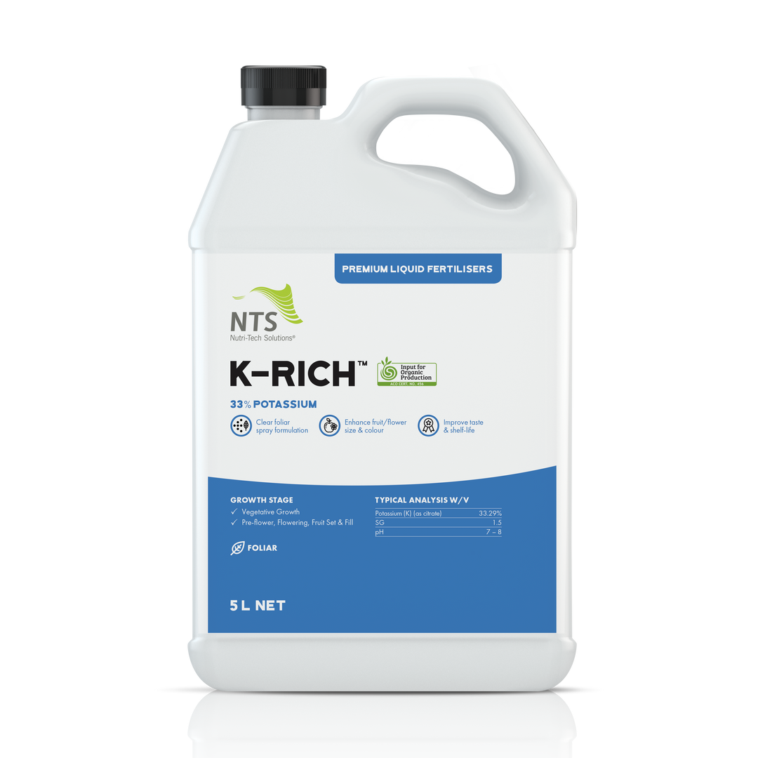 A photograph of NTS K-Rich premium liquid fertiliser in a 5 L container on transparent background