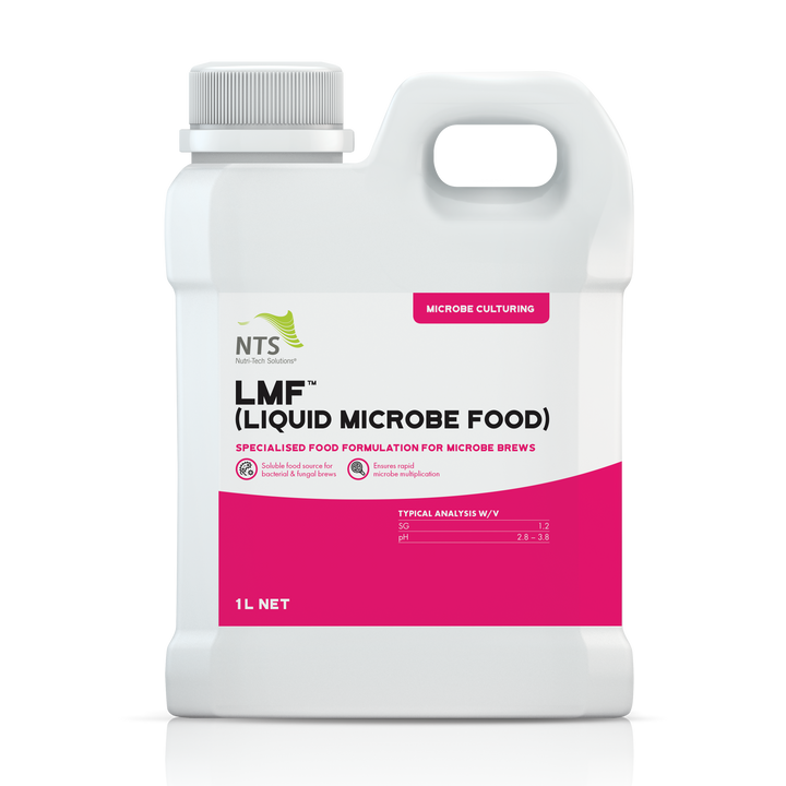 A photograph of NTS LMF Liquid Microbe Food in a 1 L container on transparent background