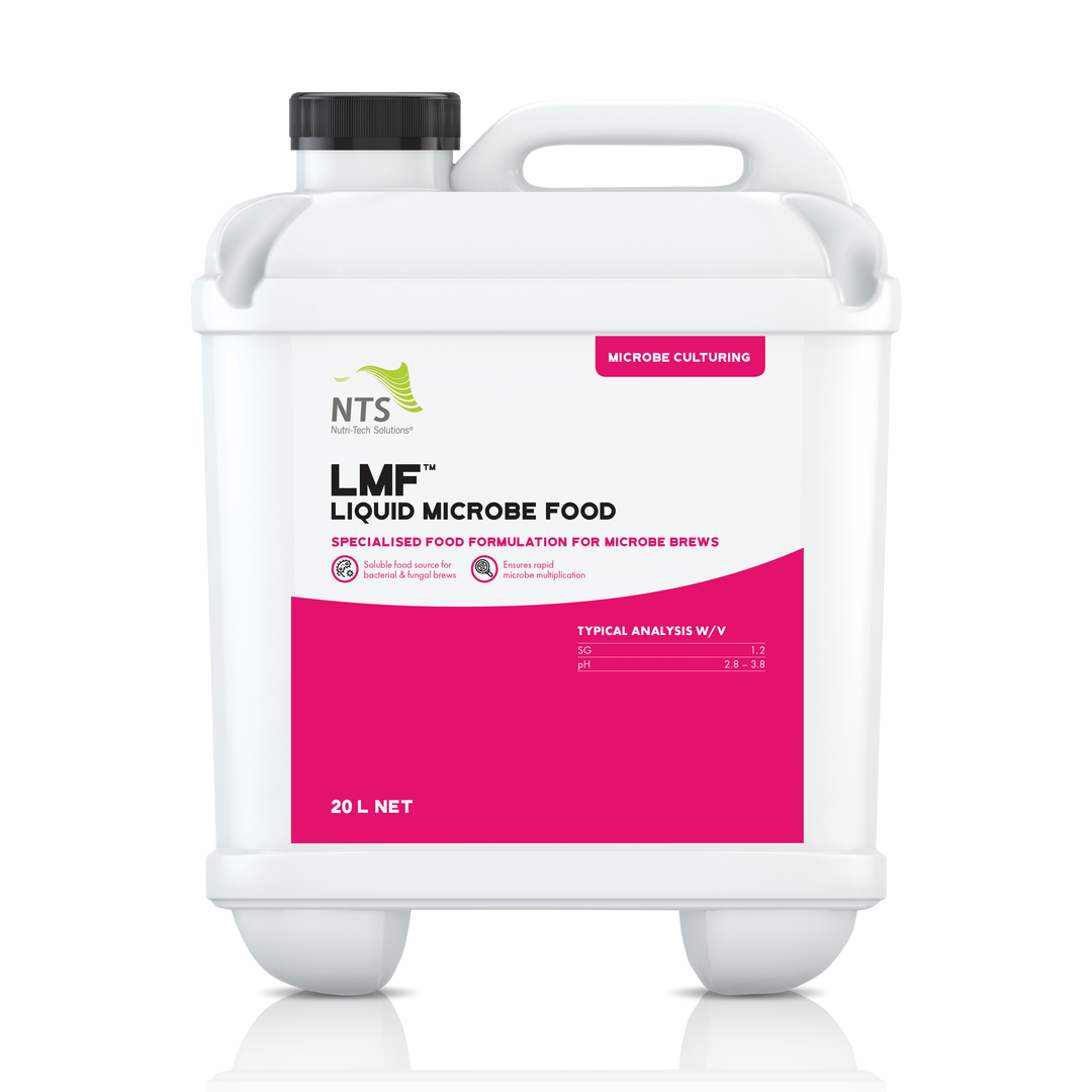 A photograph of NTS LMF Liquid Microbe Food in a 20 L container on transparent background