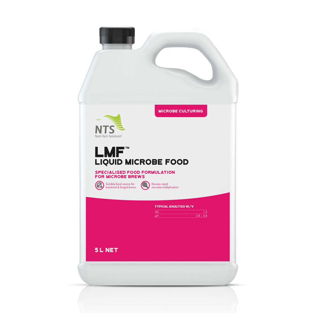 A photograph of NTS LMF Liquid Microbe Food in a 5 L container on transparent background