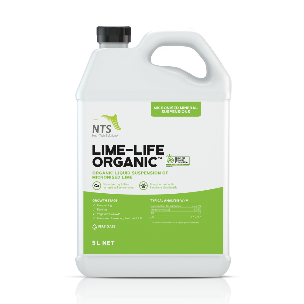 A photograph of NTS Lime-Life Organic MMS micronised mineral suspension fertiliser in a 5 L container on transparent background