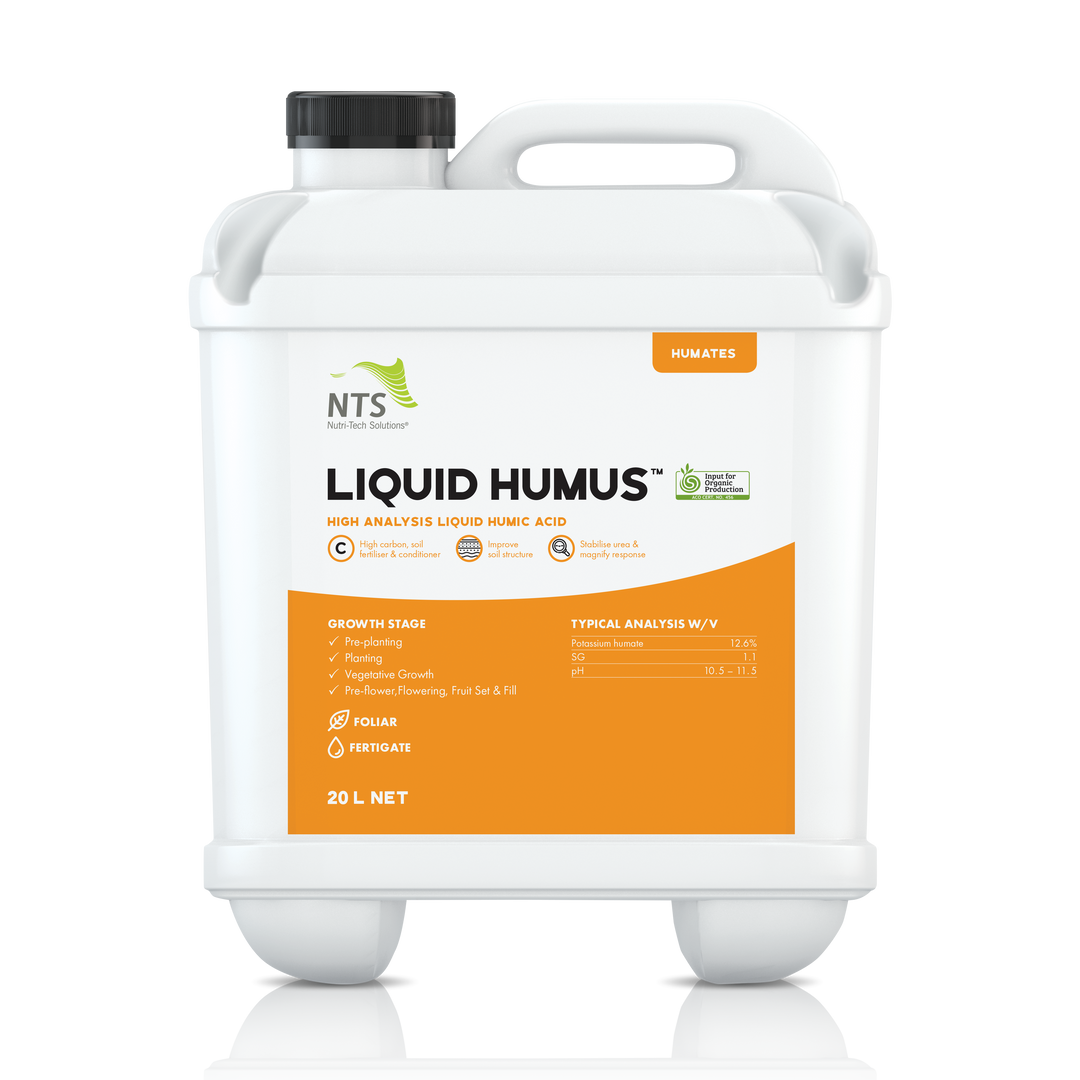 A photograph of NTS Liquid Humus fertiliser in a 20 L container on transparent backgrouns