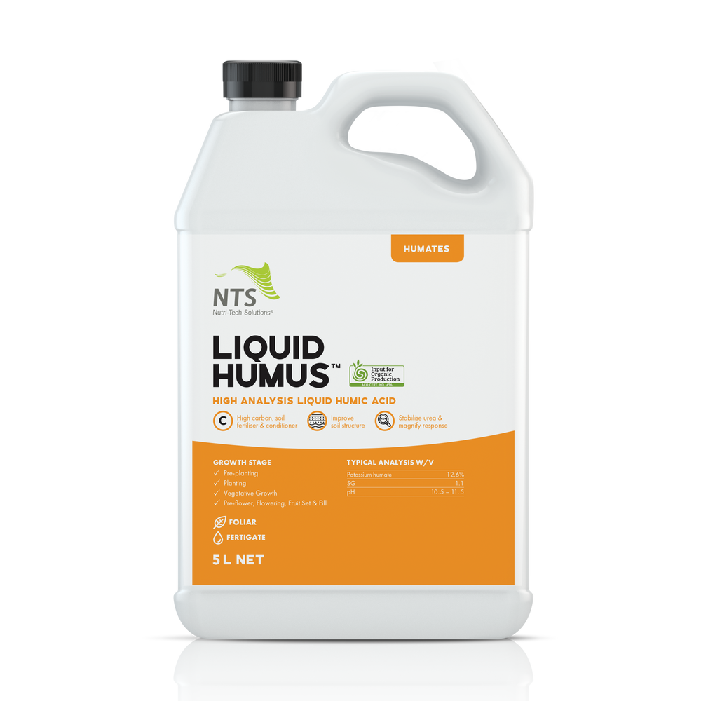 A photograph of NTS Liquid Humus fertiliser in a 5 L container on transparent backgrouns
