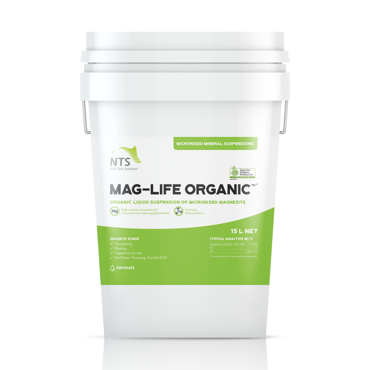 A photograph of NTS Mag-Life Organic MMS micronised mineral suspension fertiliser in a 15 L container on transparent background