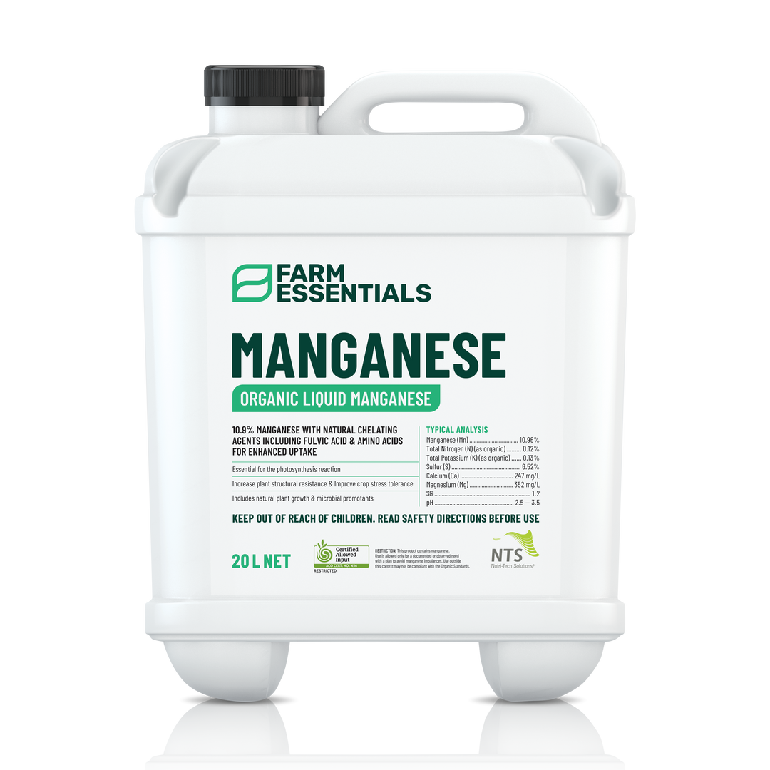 A photograph of NTS Manganese Essentials organic liquid manganese fertiliser in a 20 L container on transparent background