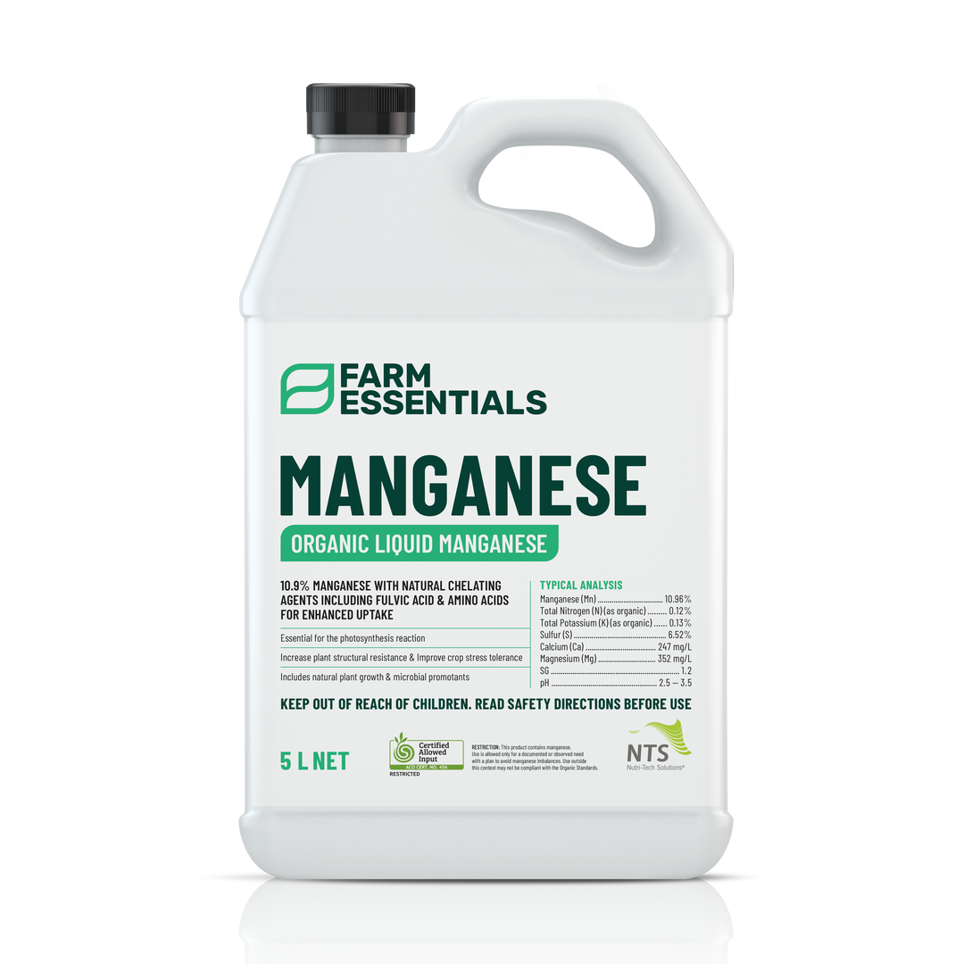 A photograph of NTS Manganese Essentials organic liquid manganese fertiliser in a 5 L container on transparent background