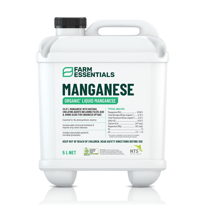 A photograph of NTS Manganese Essentials organic liquid manganese fertiliser in a 20 L container on transparent background